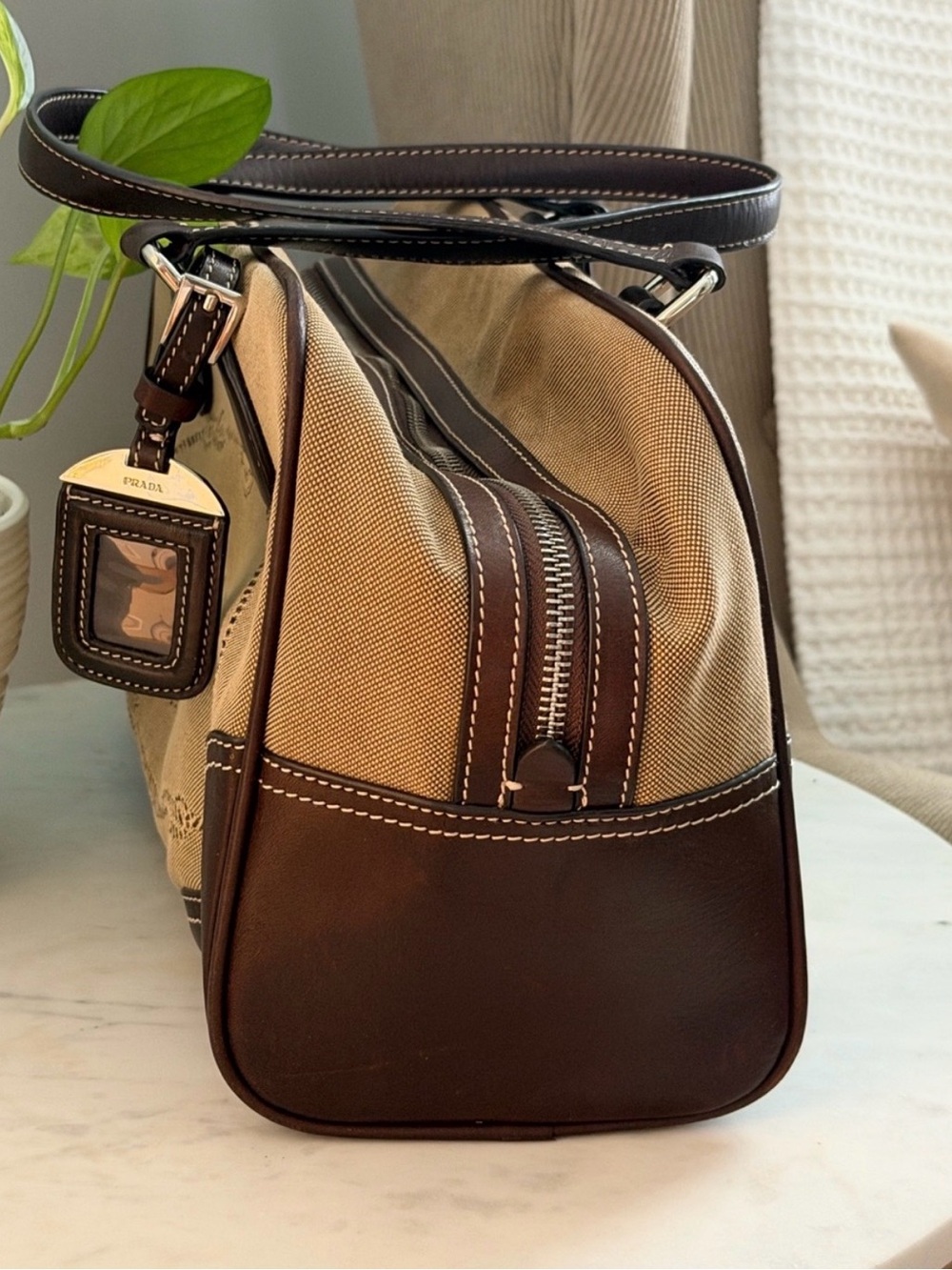 Prada Beige and Dark Brown Canvas Leather Satchel Vintage - Picture 4 of 10